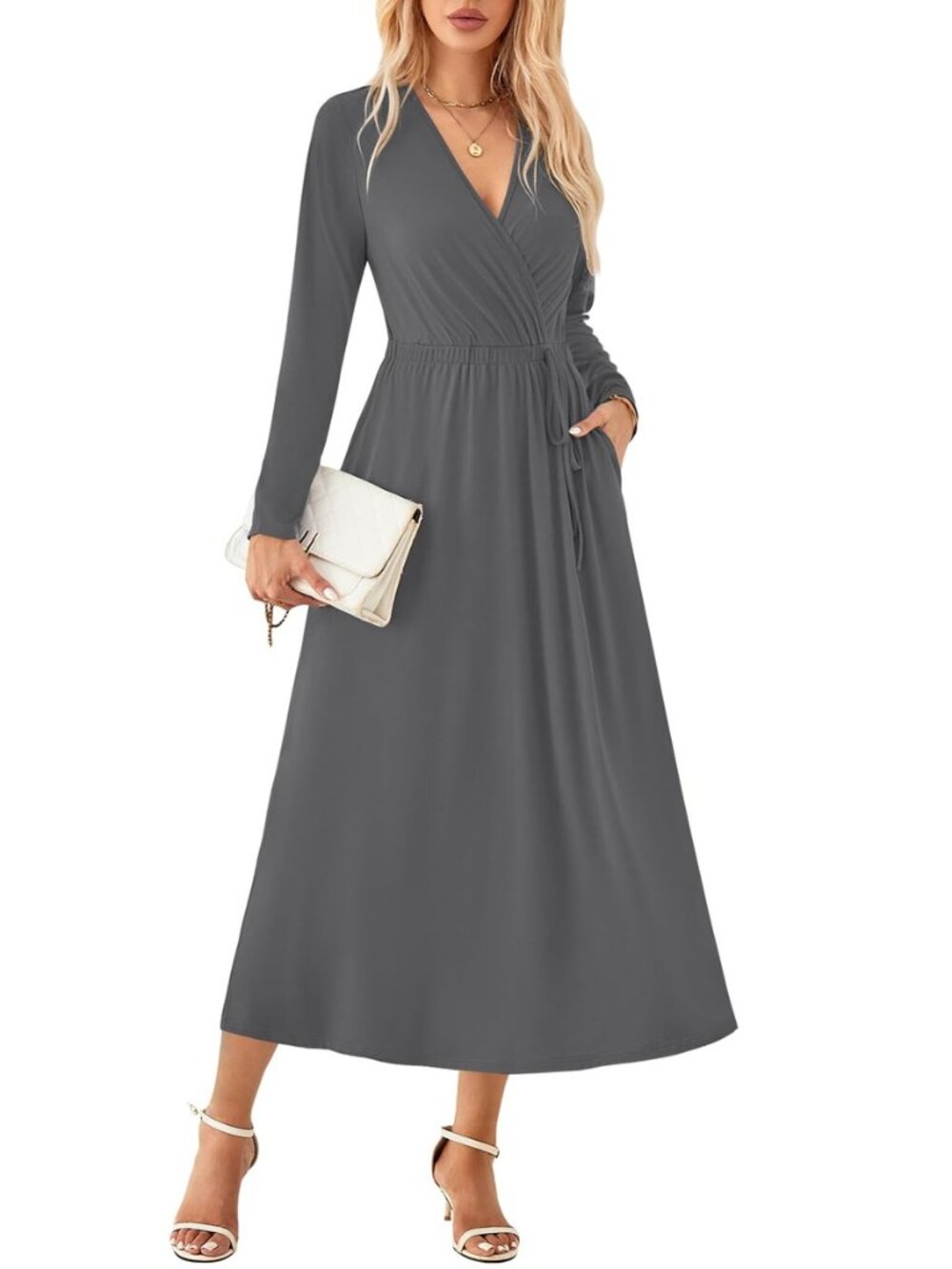 Women's Long Sleeve Maxi Dress V Neck Empire Waist Casual Pockets